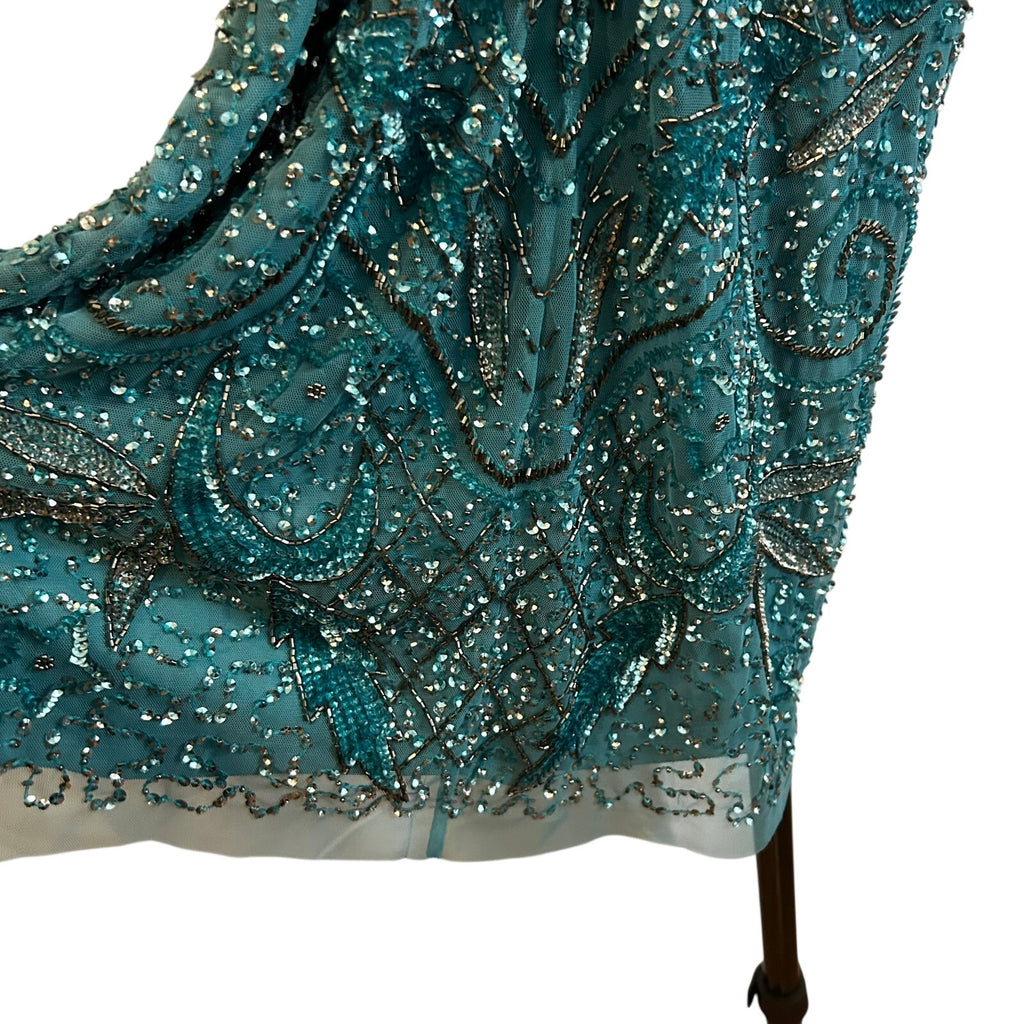 VTG Aidan Mattox Teal Silver Beaded Sequin Cold Shoulder Mini Cocktail Dress 2