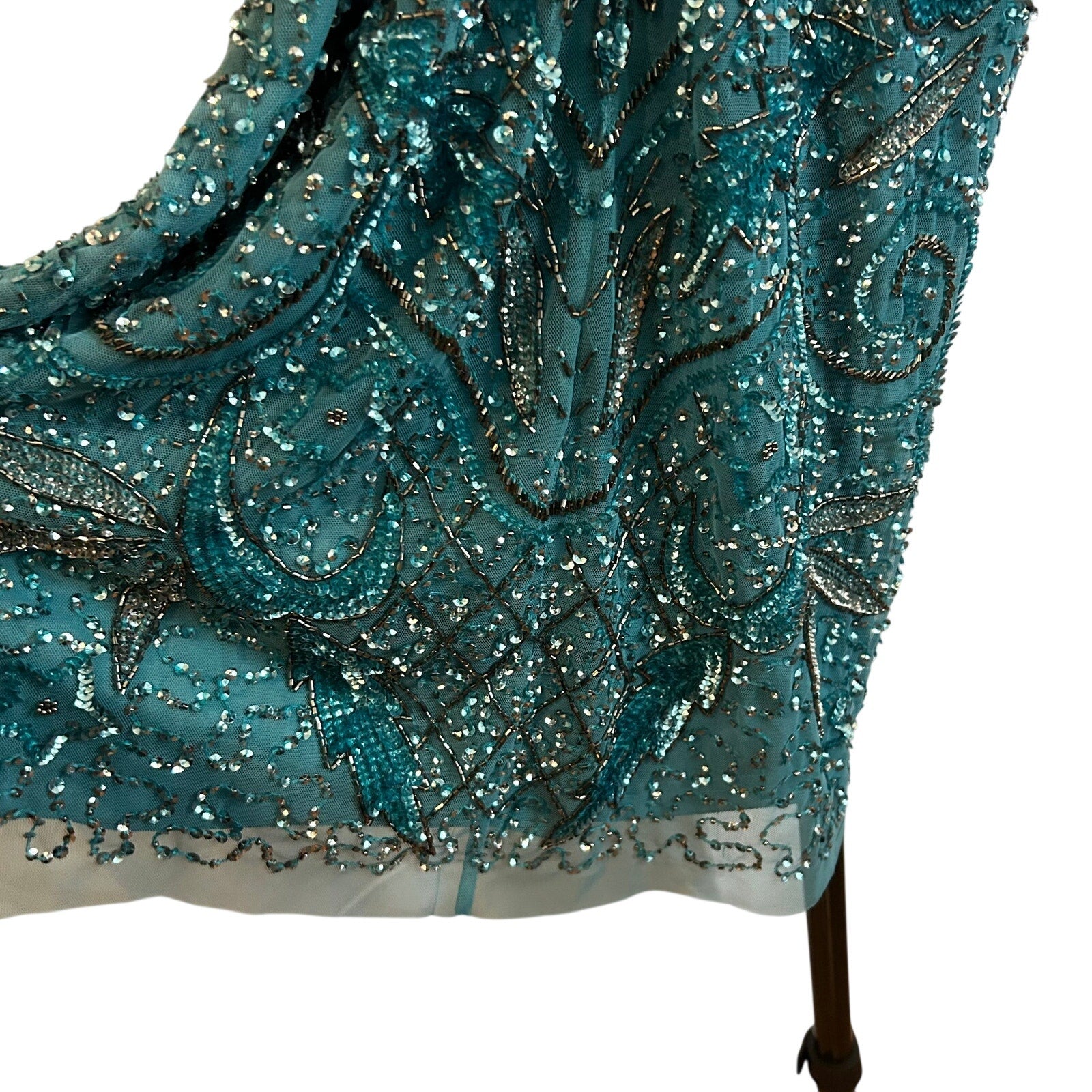 VTG Aidan Mattox Teal Silver Beaded Sequin Cold Shoulder Mini Cocktail Dress 2