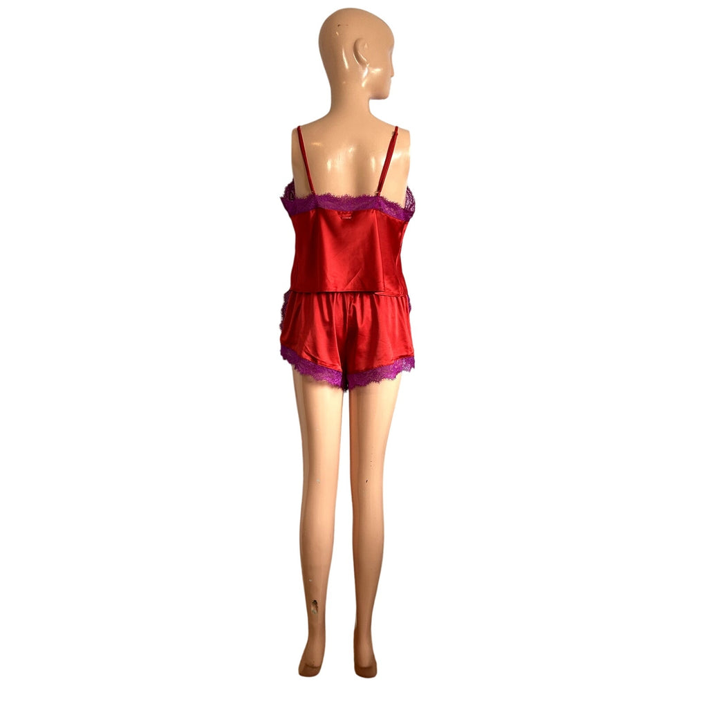 Savage X Fenty Red Purple Lace Camisole Shorts M Lingerie Set Romantic Feminine