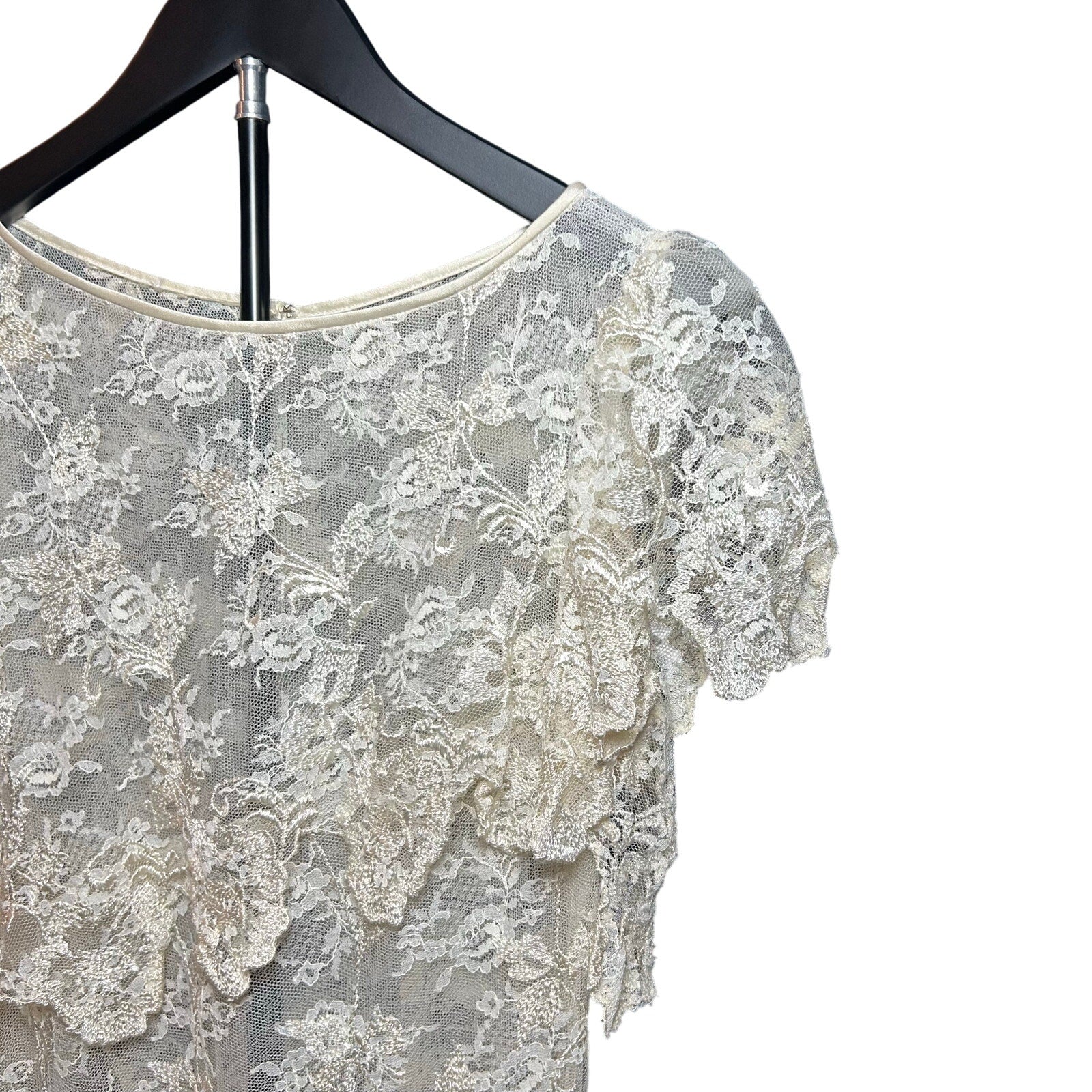 VTG 1960s Sheer Cream Lace Tiered Midi Dress Whimsigoth Bridal Overlay S