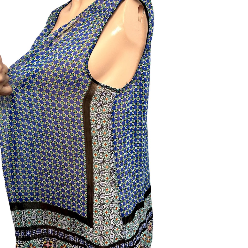 Liz Claiborne XL Blue Green Chiffon Sleeveless V-Neck Blouse Boho Top Maximalist