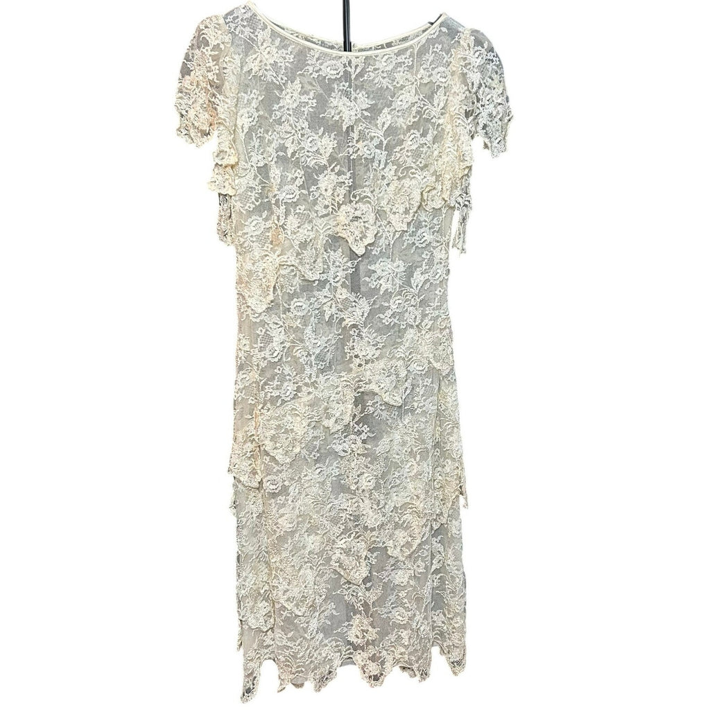 VTG 1960s Sheer Cream Lace Tiered Midi Dress Whimsigoth Bridal Overlay S