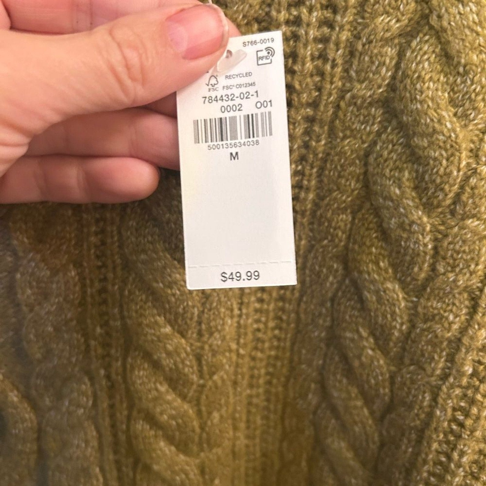 NWT Old Navy SoSoft Cable Knit Sweater Medium Mustard Green Mock Neck Fisherman