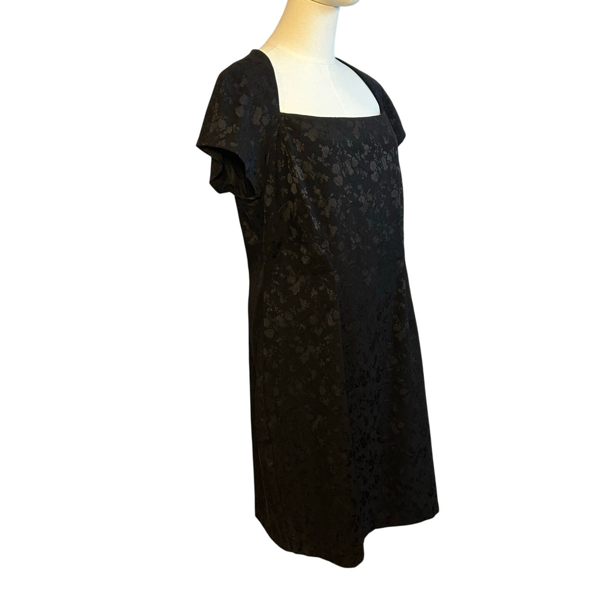 VTG 90s CDC Caren Desiree Black Floral Jacquard Dress Square Neck Midi Size 14