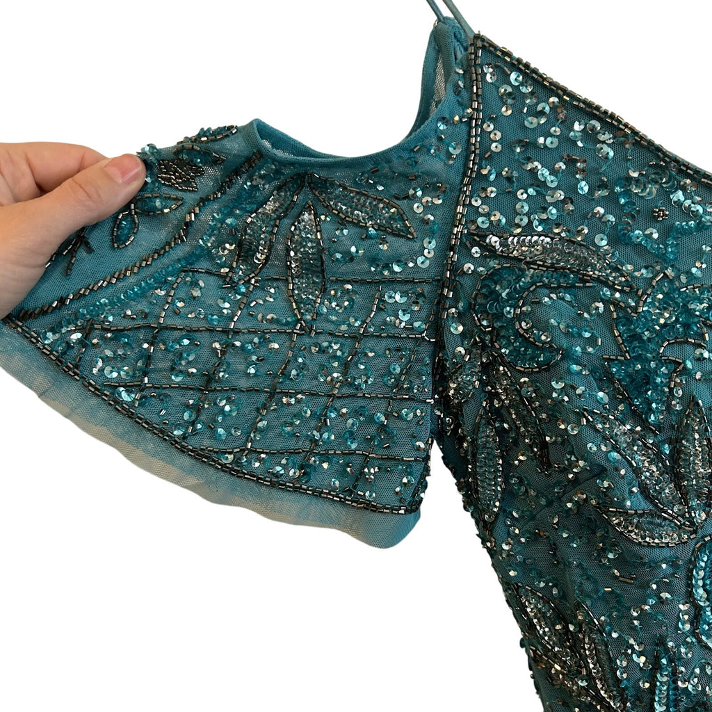 VTG Aidan Mattox Teal Silver Beaded Sequin Cold Shoulder Mini Cocktail Dress 2