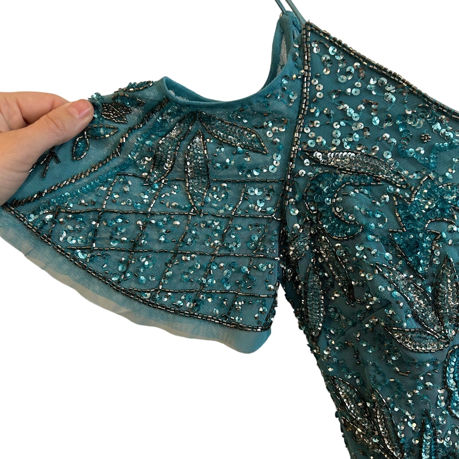 VTG Aidan Mattox Teal Silver Beaded Sequin Cold Shoulder Mini Cocktail Dress 2