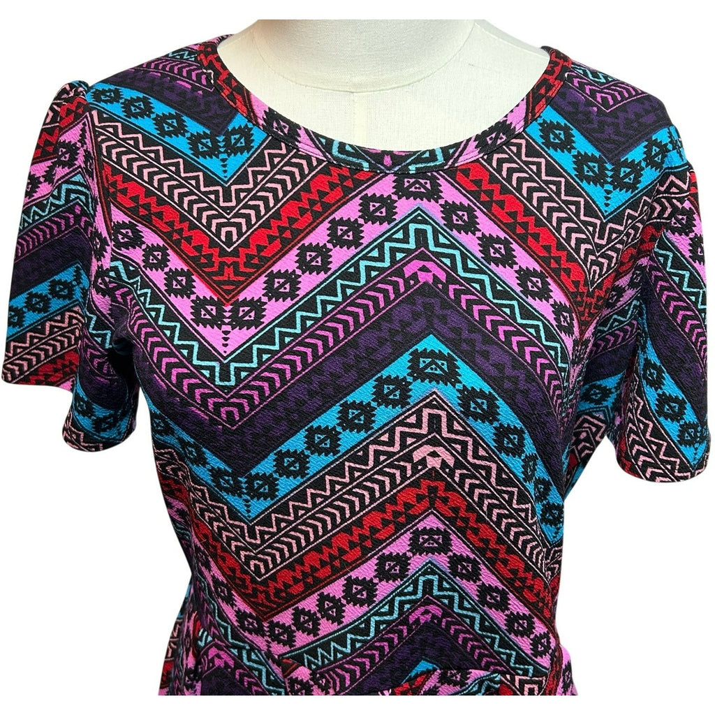 LuLaRoe Amelia Dress Large Multicolor Blue Floral Stretchy Pockets Southwestern