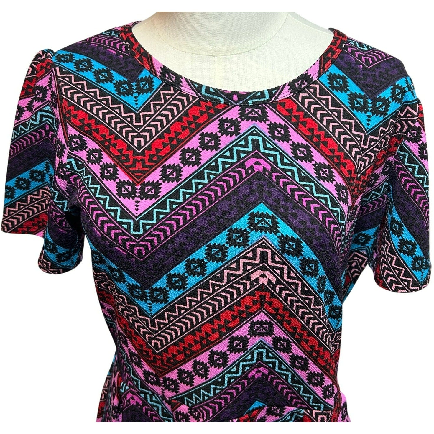 LuLaRoe Amelia Dress Large Multicolor Blue Floral Stretchy Pockets Southwestern