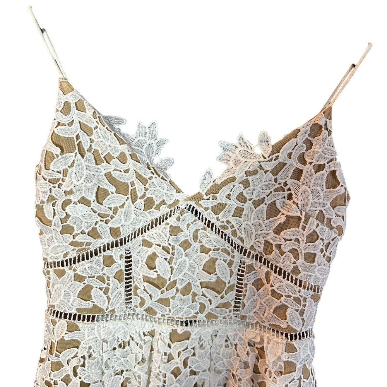 L'ATISTE White Guipure Lace Mini Dress S Bridal Shower Bachelorette Nude Lining