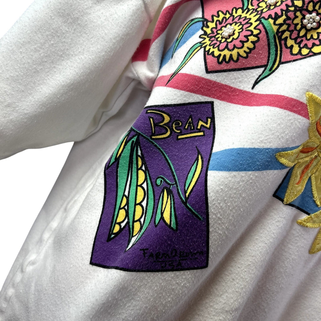 VTG 90s Architect L White Seed Packet Floral Beaded Applique Grandmacore Top