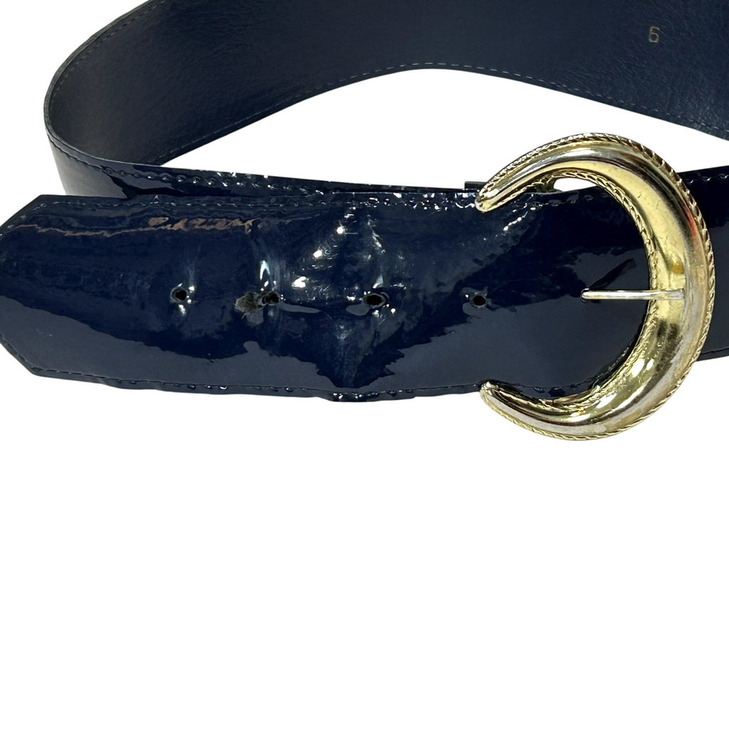 VTG 80s Glam Blue Belt Gold Crescent Buckle Patent Leather Retro Office Siren
