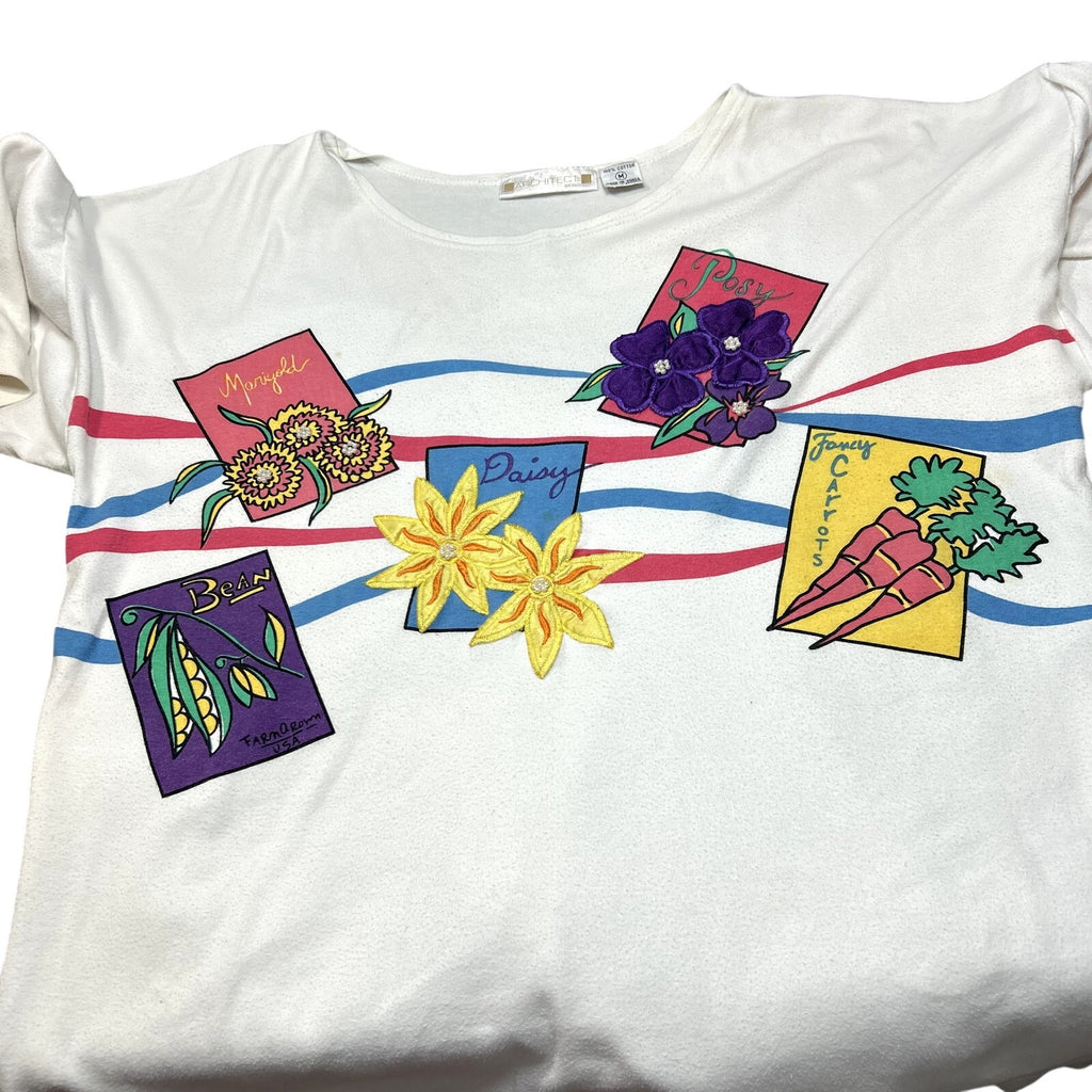 VTG 90s Architect L White Seed Packet Floral Beaded Applique Grandmacore Top