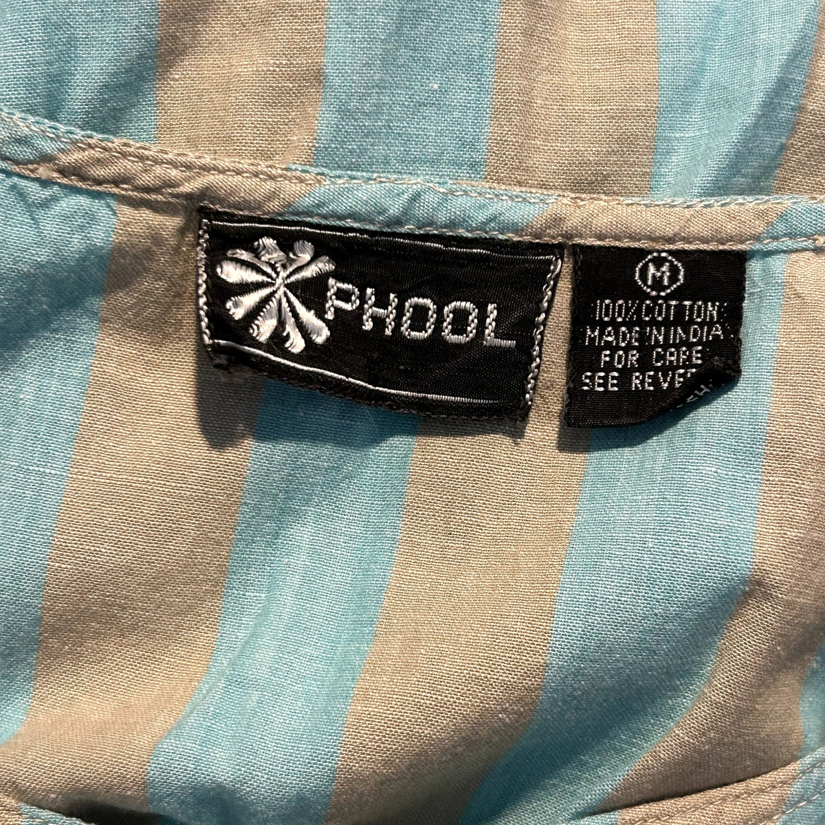 Phool Blue Tan Striped Buttons Pleated Cotton M Midi Dress Coastal Prairie Boho