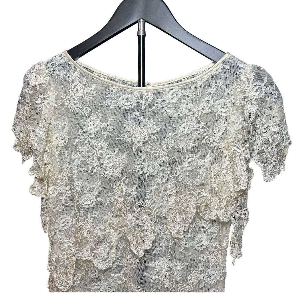 VTG 1960s Sheer Cream Lace Tiered Midi Dress Whimsigoth Bridal Overlay S