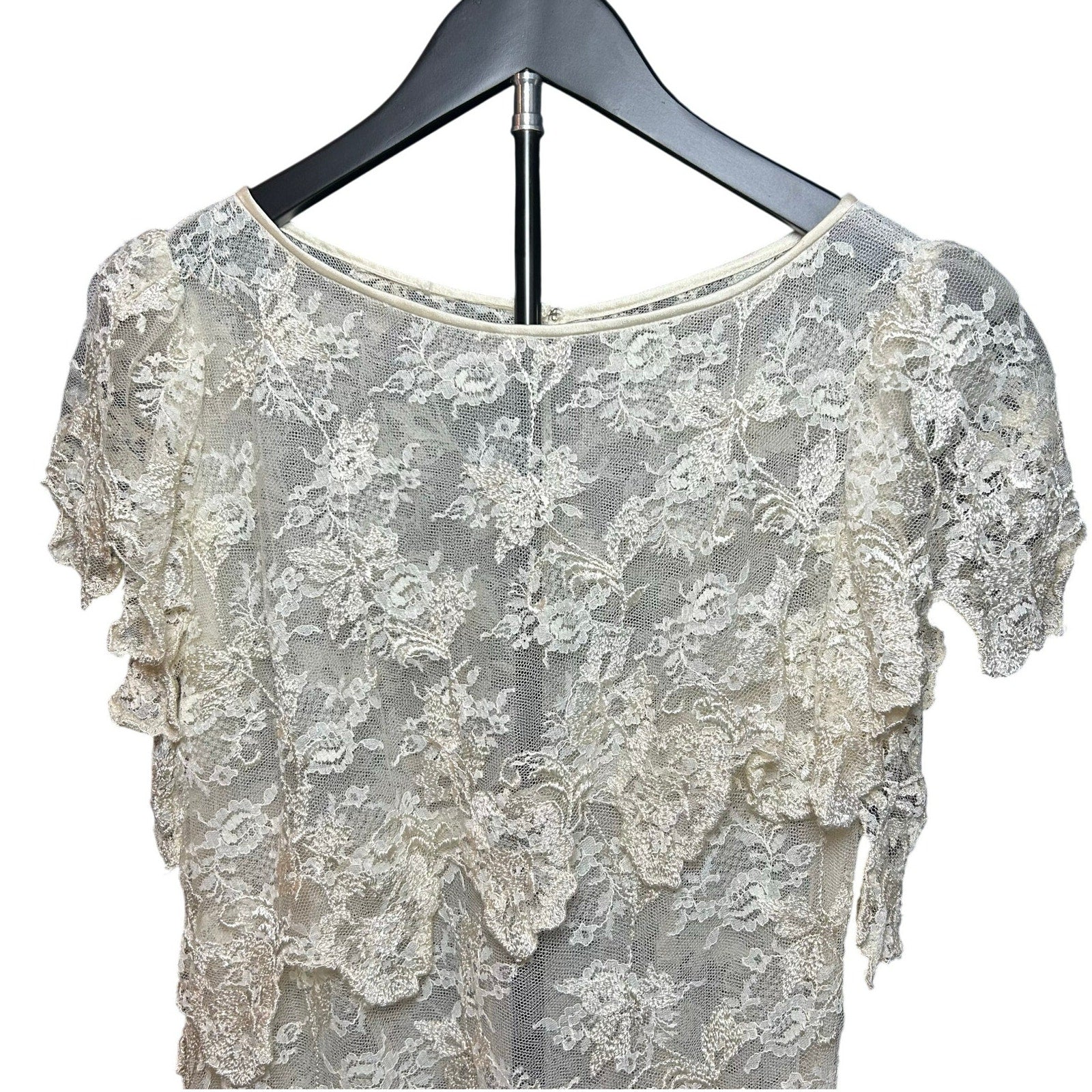 VTG 1960s Sheer Cream Lace Tiered Midi Dress Whimsigoth Bridal Overlay S