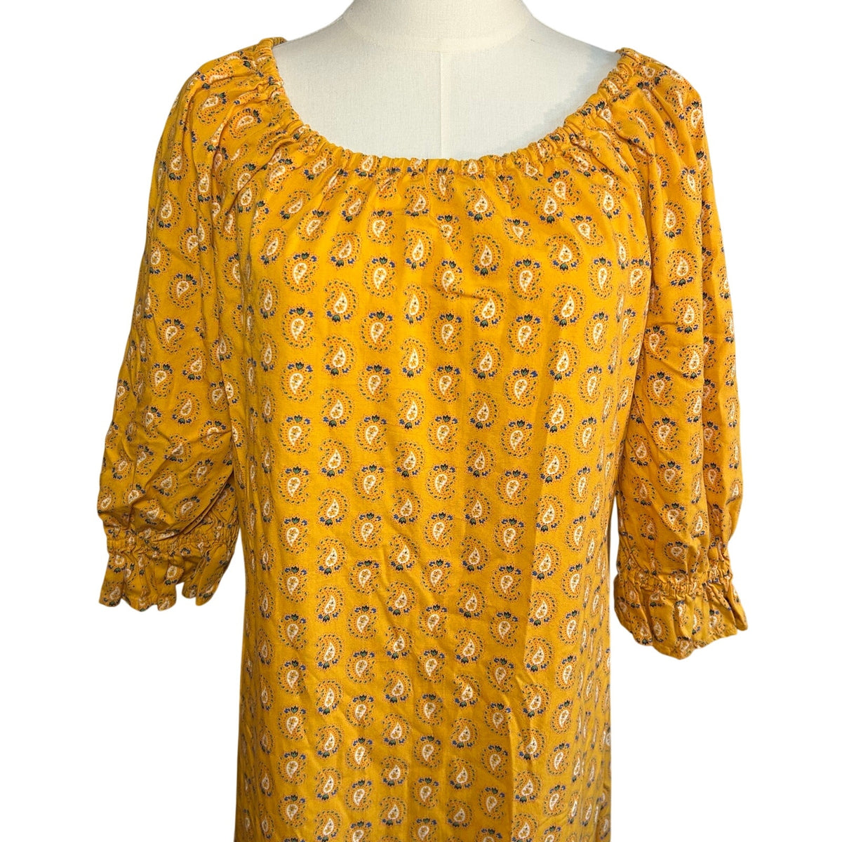 VTG 70s Yellow Maxi Paisley Dress L Cottage Boho Handmade Peasant Prairie Retro