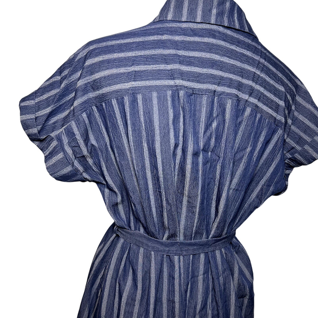 Naif Navy Blue Striped Cotton Blend Shirt Dress Tie Waist Women's Medium Casual