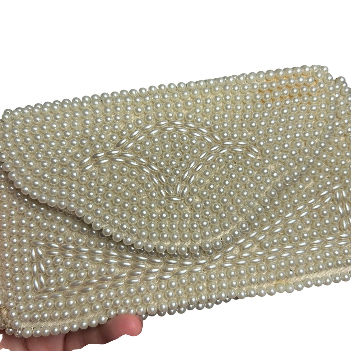 VTG 50s Pearl Beaded Clutch Japan White Evening Bag Glam Coquette Bridal Wedding