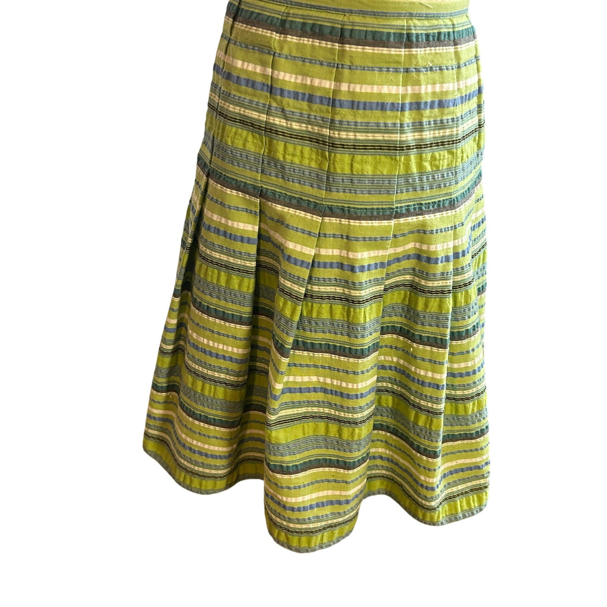 VTG 90s Green Seersucker Cotton Blend Lined Midi Skirt 8 Preppy Retro Cottage