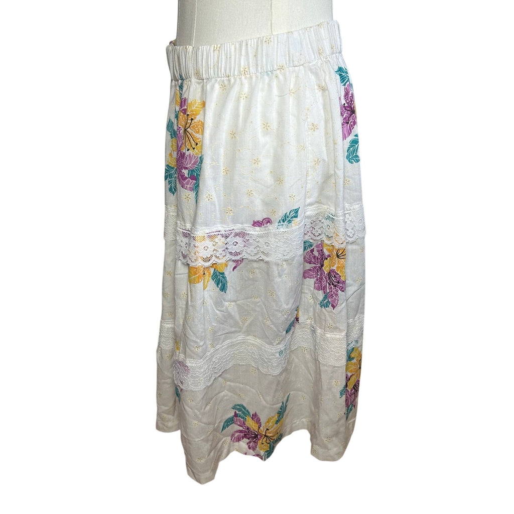 VTG 80s White Floral Broomstick Skirt M L Hawaiian Boho Cottage Fairy Retro