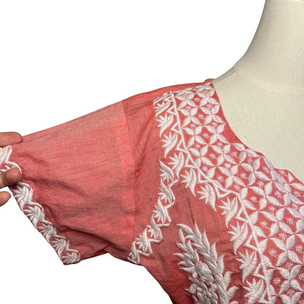 Indian Pink Peach Embroidered Cotton Mini 12 Dress Boho Cottage Fairy Whimsigoth