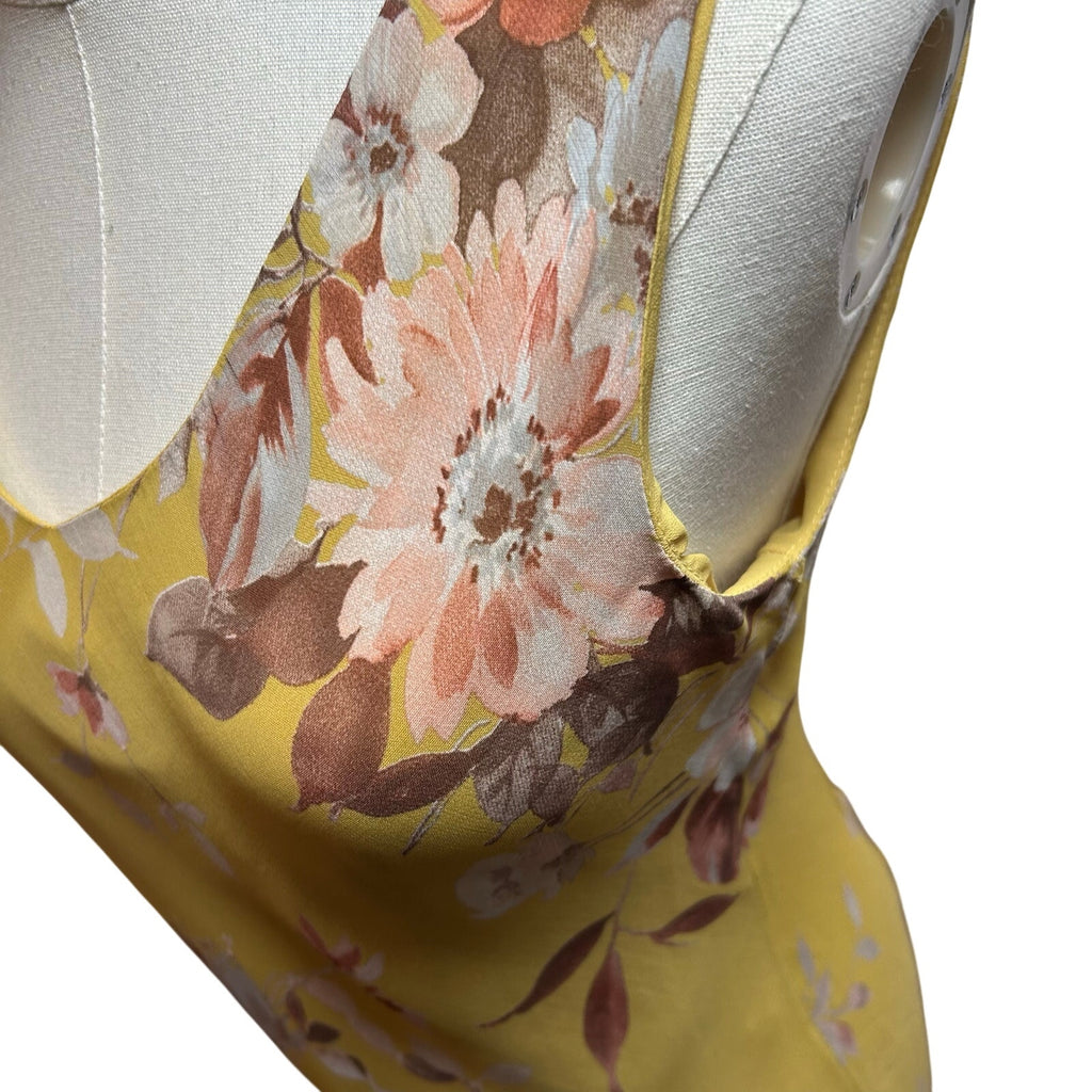 Lily Petite Small Floral Handkerchief Hem 90s Y2K Yellow Rayon Midi Dress P/S