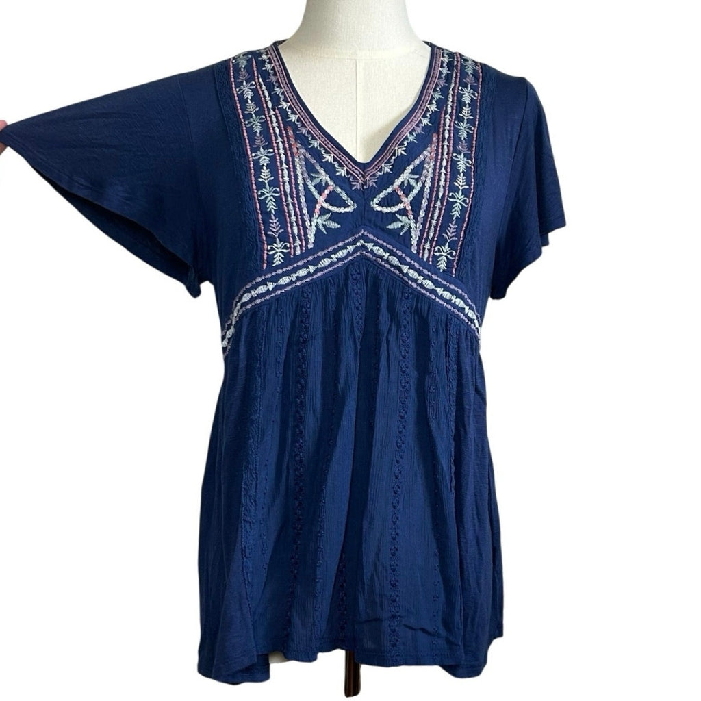 Knox Rose S Blue Embroidered Peasant Top Boho Casual Cottage Indie Twee Festival