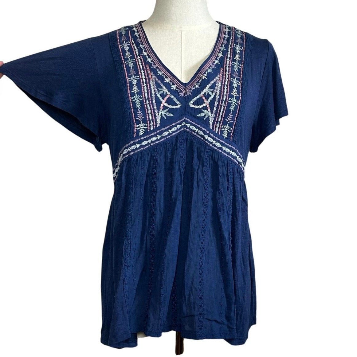 Knox Rose S Blue Embroidered Peasant Top Boho Casual Cottage Indie Twee Festival