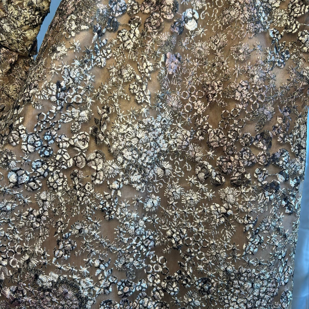 VTG 60s Metallic Floral Lace Dress Bell Sleeve Girls 12 14 or Women XXS Gold