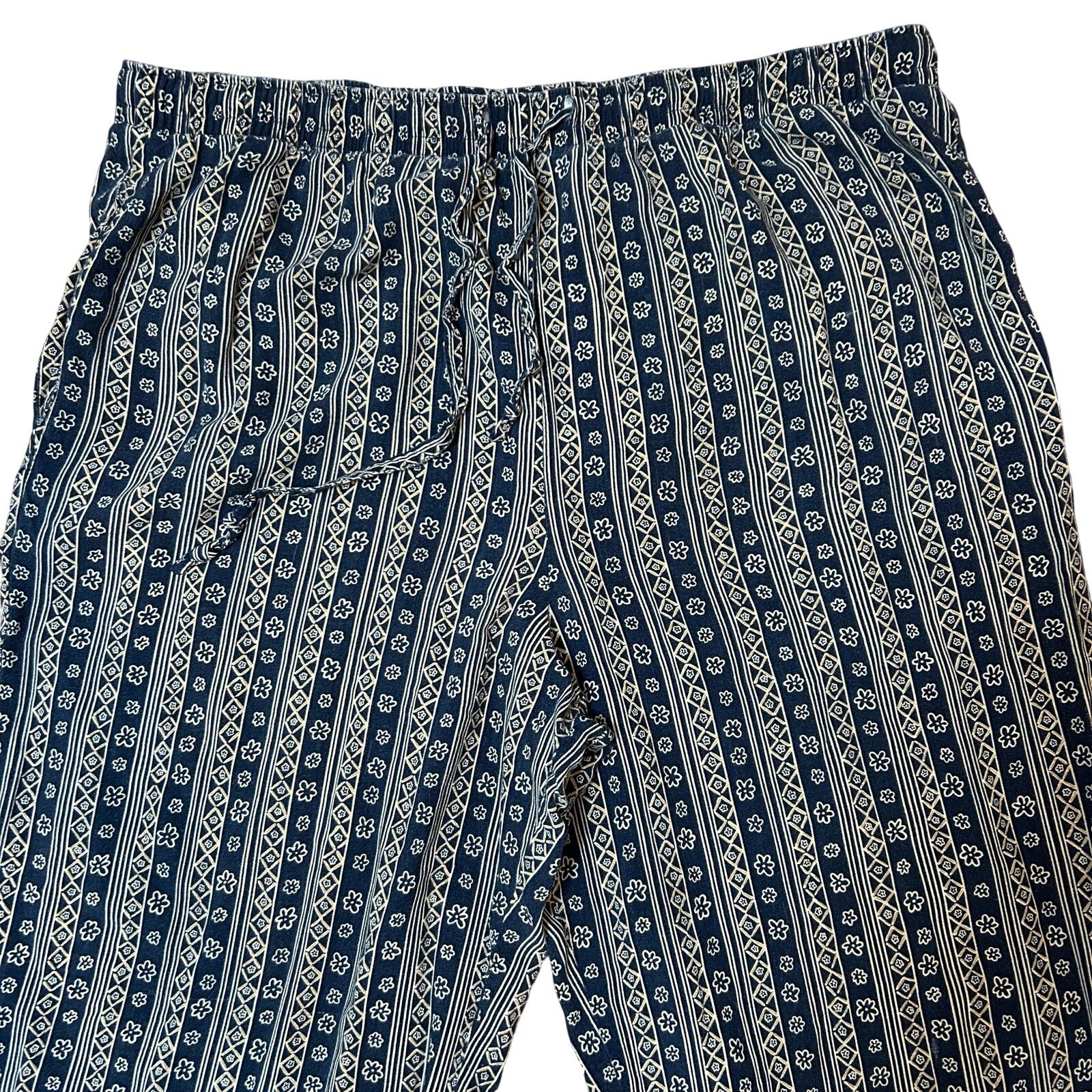 VTG Sag Harbor Petite Floral Rayon Wide Leg Pants Blue 90s L Drawstring