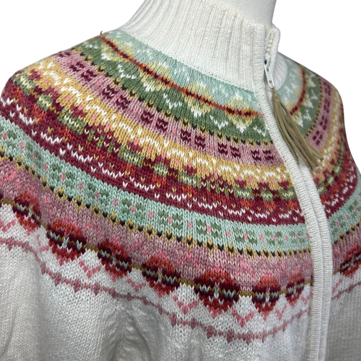 VTG Y2K Tiara International L White Fair Isle Cardigan Sweater Full Zip Grandma