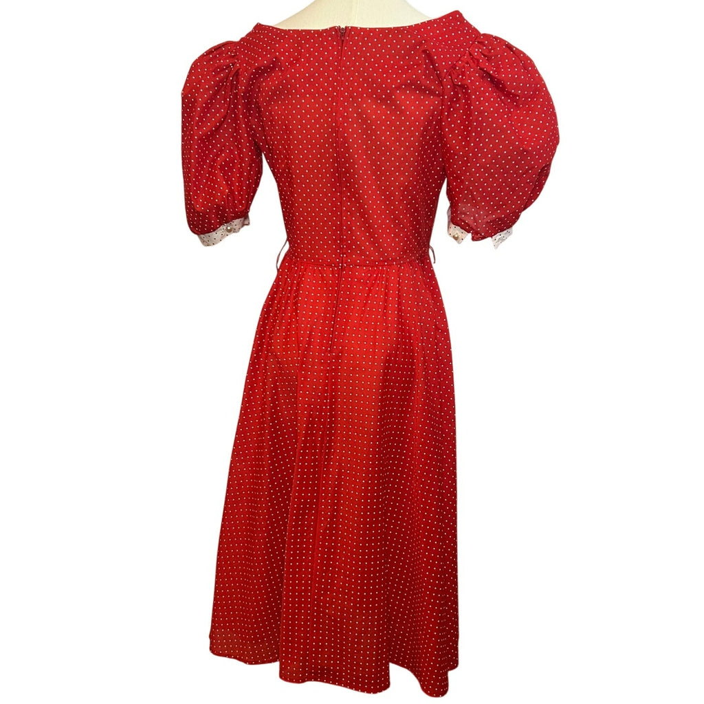VTG 80s Red White Polka Dot Puff Sleeve Midi Dress