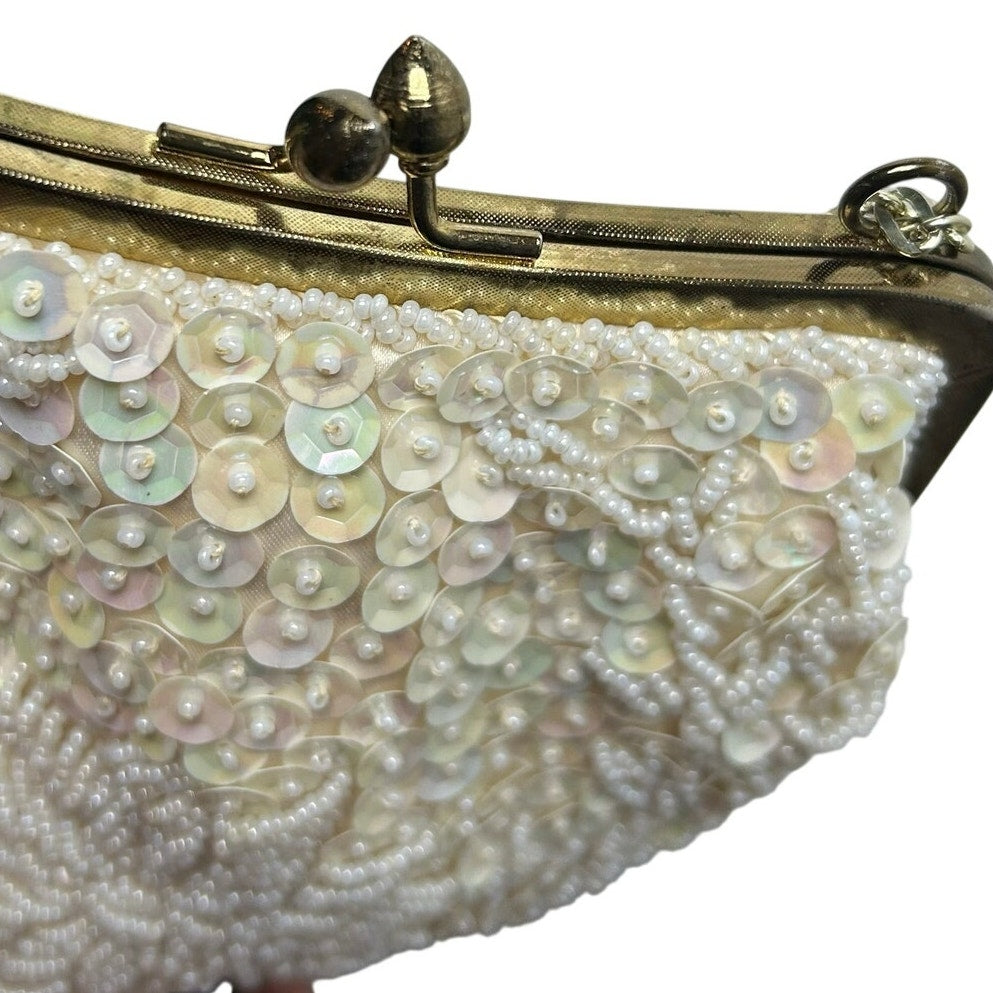VTG 50's White Beaded Sequin Bridal Evening Bag Hong Kong Wedding Coquette Glam