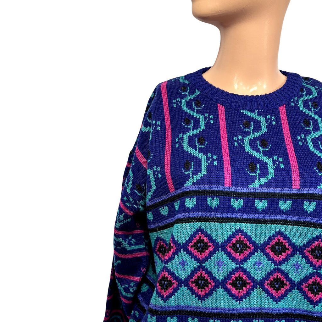 VTG 80s Meister M Purple Teal Maximalist Patterned Wool Knit Retro Cozy Sweater