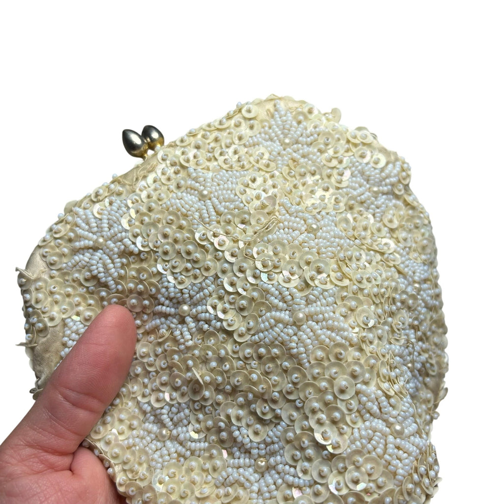 VTG 50s Cream Sequin White Floral Clutch Evening Bag Bridal Prom Retro Glam Twee