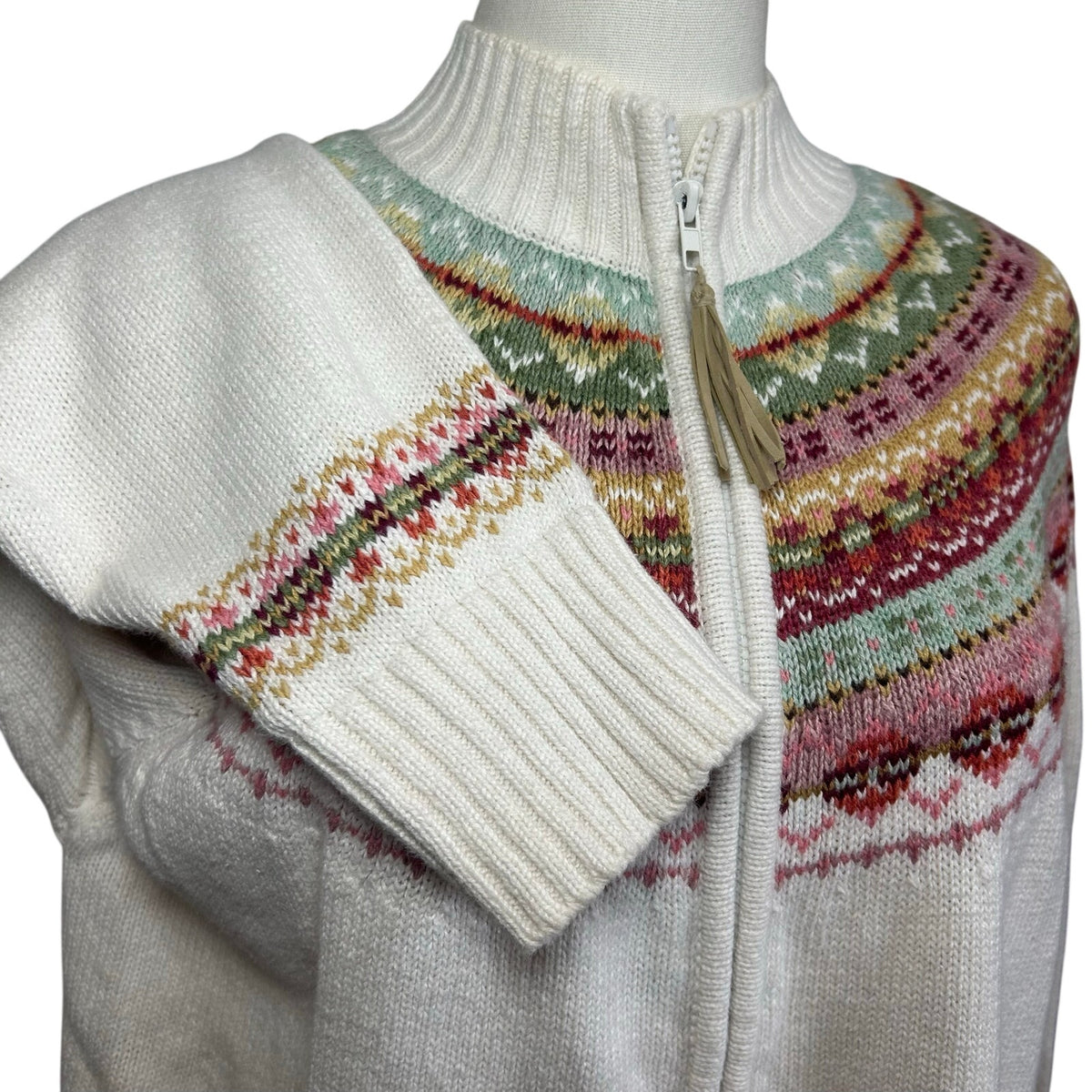 VTG Y2K Tiara International L White Fair Isle Cardigan Sweater Full Zip Grandma