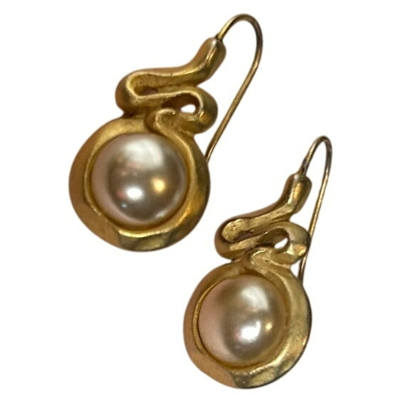 VTG 90s The Limited Gold Sculptural S-Curve Faux Pearl Drop Earrings Whimsigoth