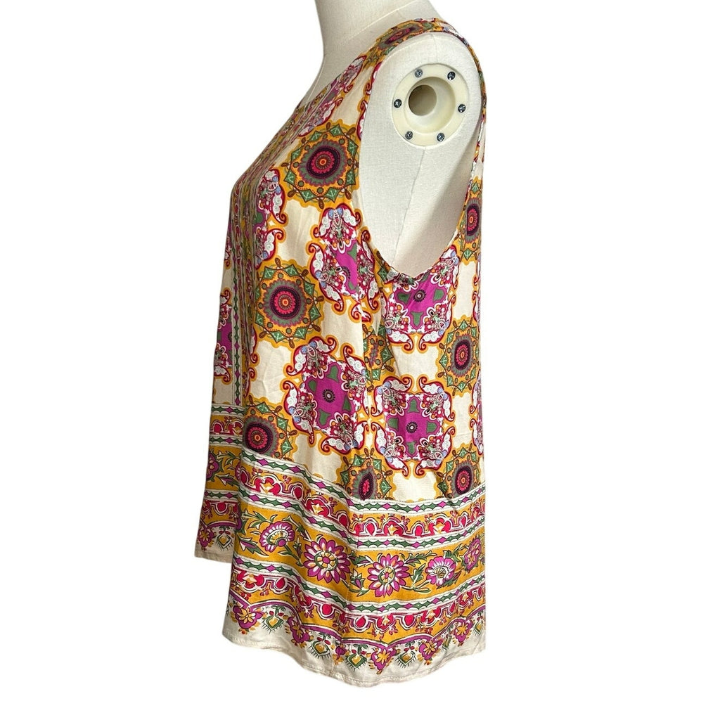 Boho Multicolor Print Rayon Sleeveless Top Large Indie Retro Casual Loungewear