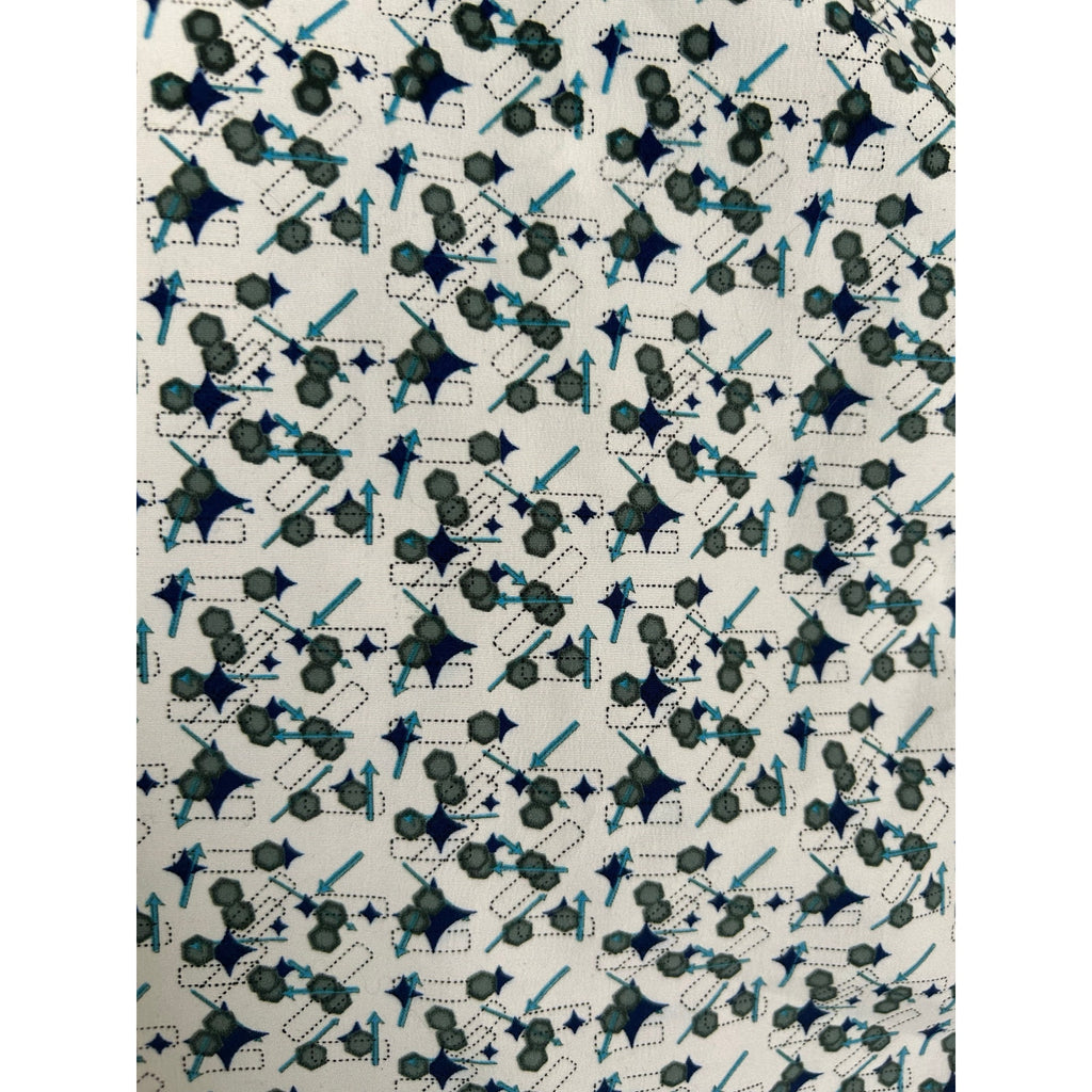 VTG Address Unknown White Teal Navy S Atomic Pattern Retro 90s Mod Poly Button