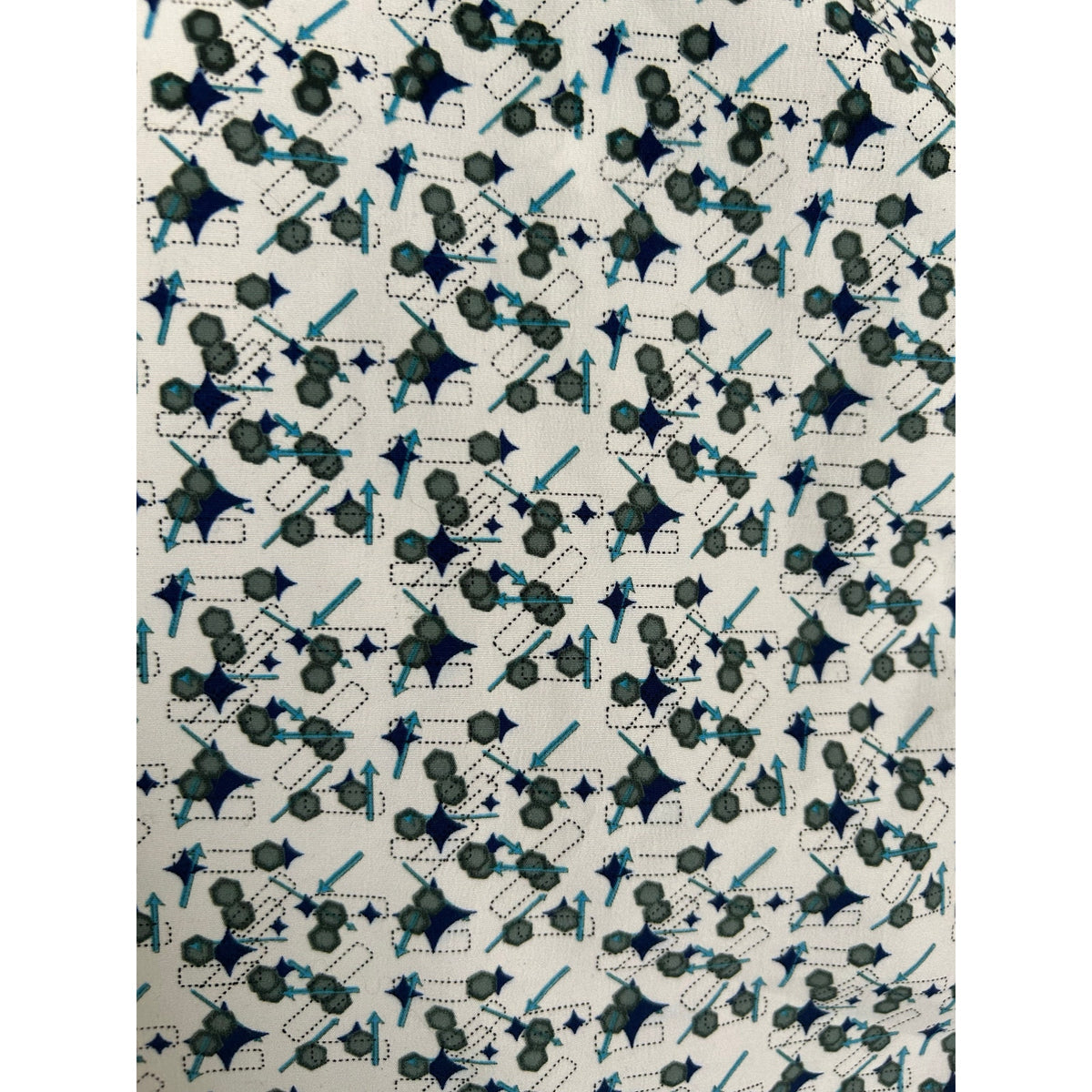 VTG Address Unknown White Teal Navy S Atomic Pattern Retro 90s Mod Poly Button