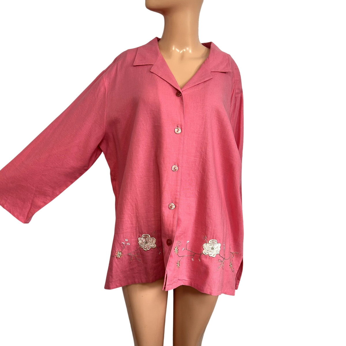 VTG 90s Sag Harbor 16W Pink Shirt Floral Embroidery Linen Rayon Grandma Cottage