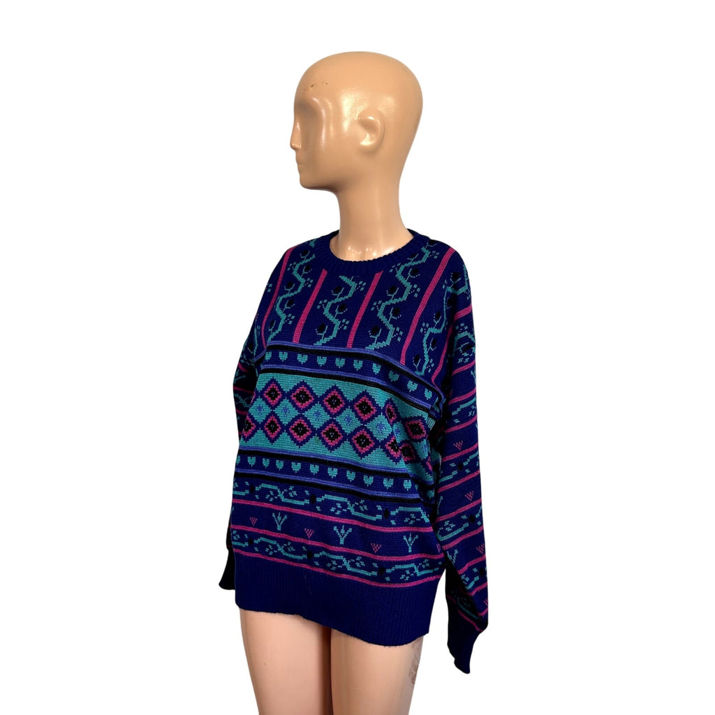 VTG 80s Meister M Purple Teal Maximalist Patterned Wool Knit Retro Cozy Sweater