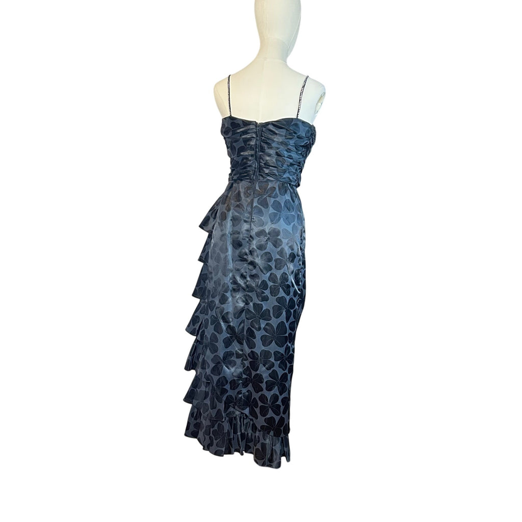 VTG 80s Black Floral Jacquard Prom Gown 2 Romantic Feminine Goth Glam Coquette