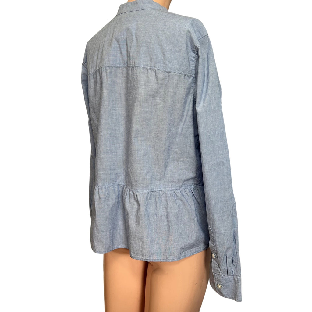 Madewell M Blue Top Mandarin Peplum Hem Minimalist Casual Monochrome Chambray