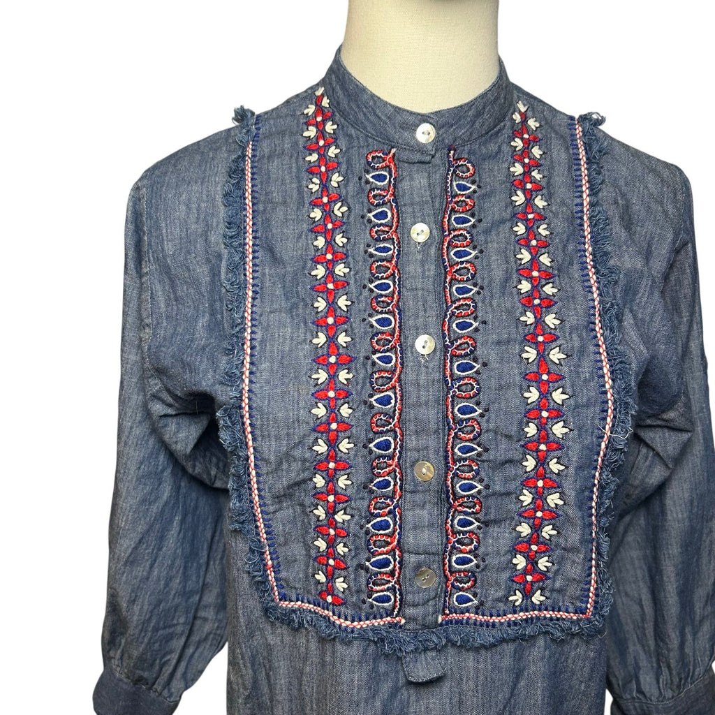 Banjanan Blue Multicolor Cotton Long Sleeve Pocket Dress Boho India Indie Retro