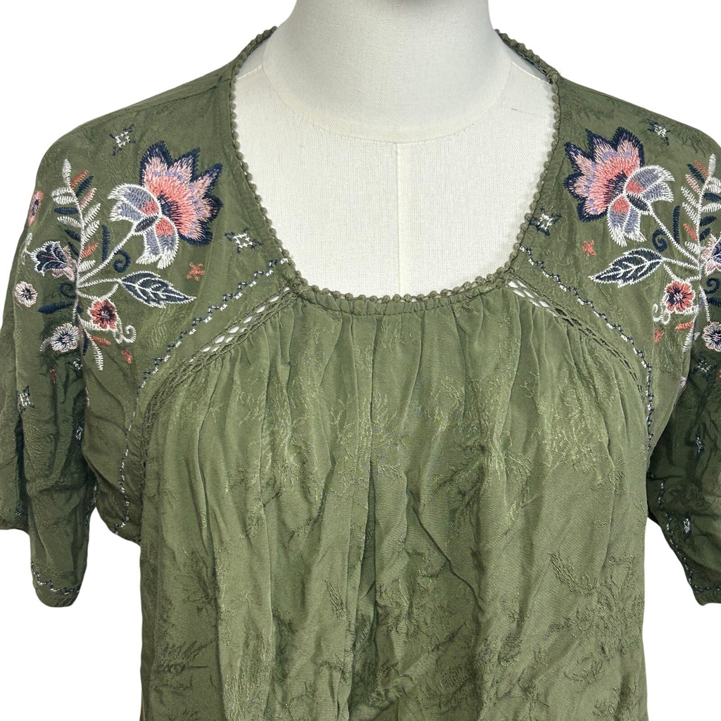 Knox Rose Blouse Small Green Rayon Embroidered Boho Peasant Indie Retro Cottage