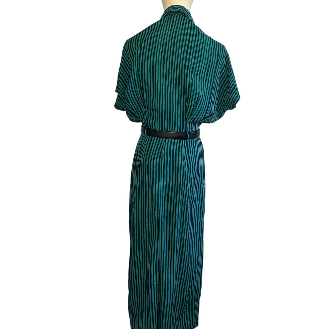 VTG 80s Scarlett Green Black Striped Rayon Midi Dress S Retro Boho Whimsigoth