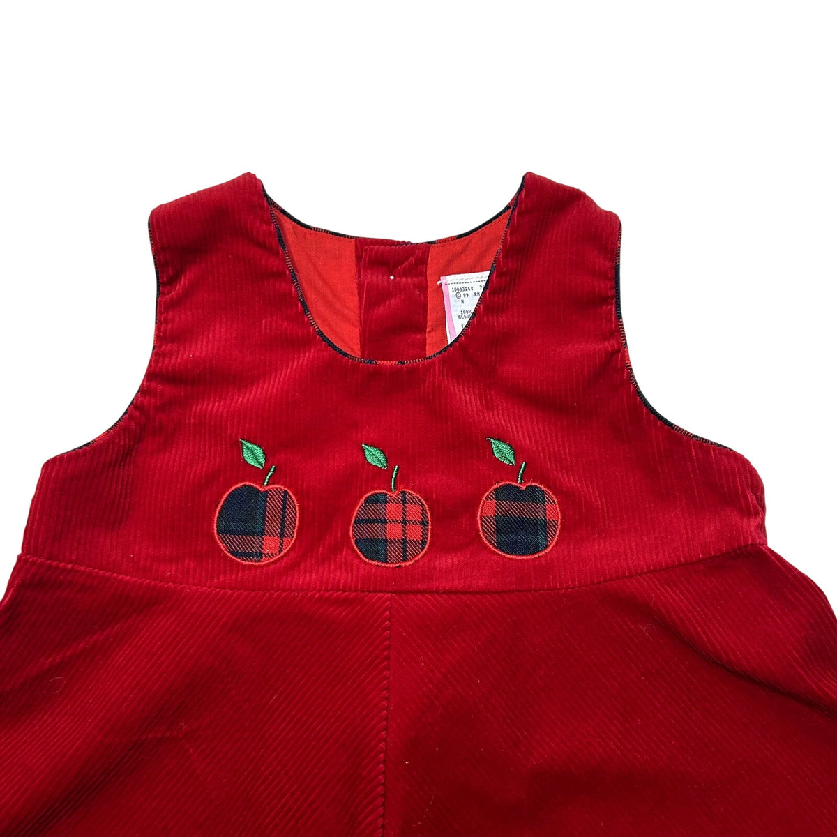 VTG 90s 24M Red Corduroy Embroidered Apple Buffalo Plaid A-Line Pinafore Dress