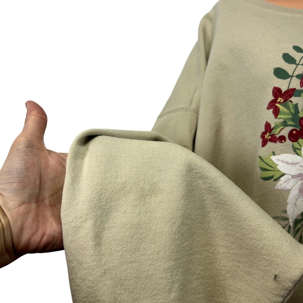 VTG 90s Jerzees XL Tan Christmas Poinsettia Fleece Sweatshirt Grandma Holiday