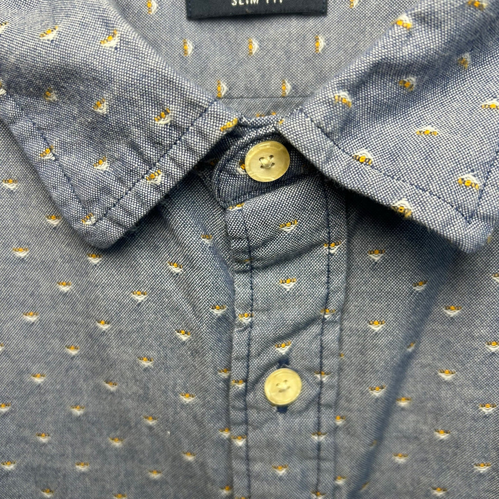 Nautica Mens L Large Slim Fit Blue Dobby Weave Long Sleeve Shirt Preppy Casual